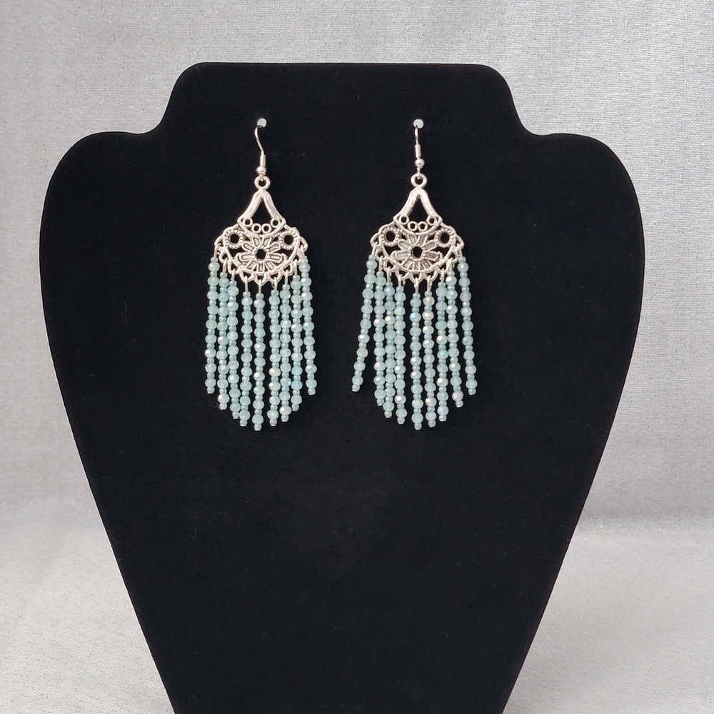 Tibetan Silver, Sea Green Beaded Iridescent Chandelier Earrings